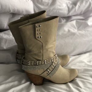 Cream rhinestone heeled boot, Like New, Size 8.5